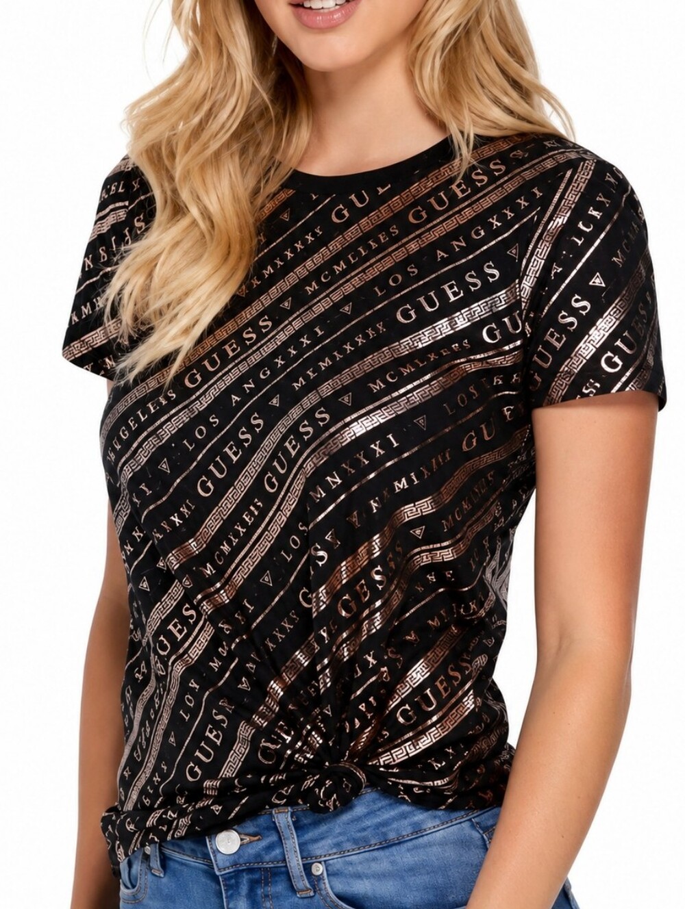 GUESS Metallic Copper Logo Graphic Tee Black 100% Cotton Size Large